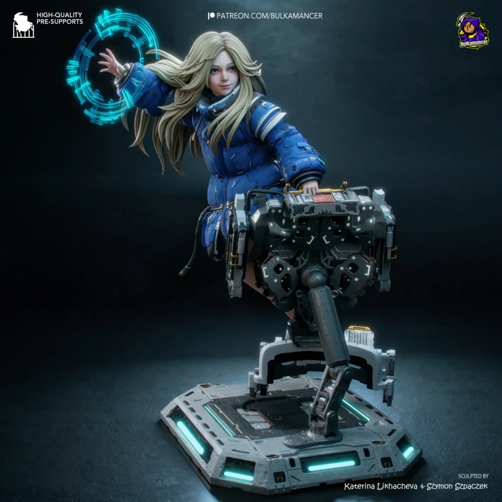 Фан-арт модель Diana из Pragmata от Bulkamancer Sculpts. Вид спереди на фигурку в масштабе 1/8, стоящую на отдельной футуристической подставке.