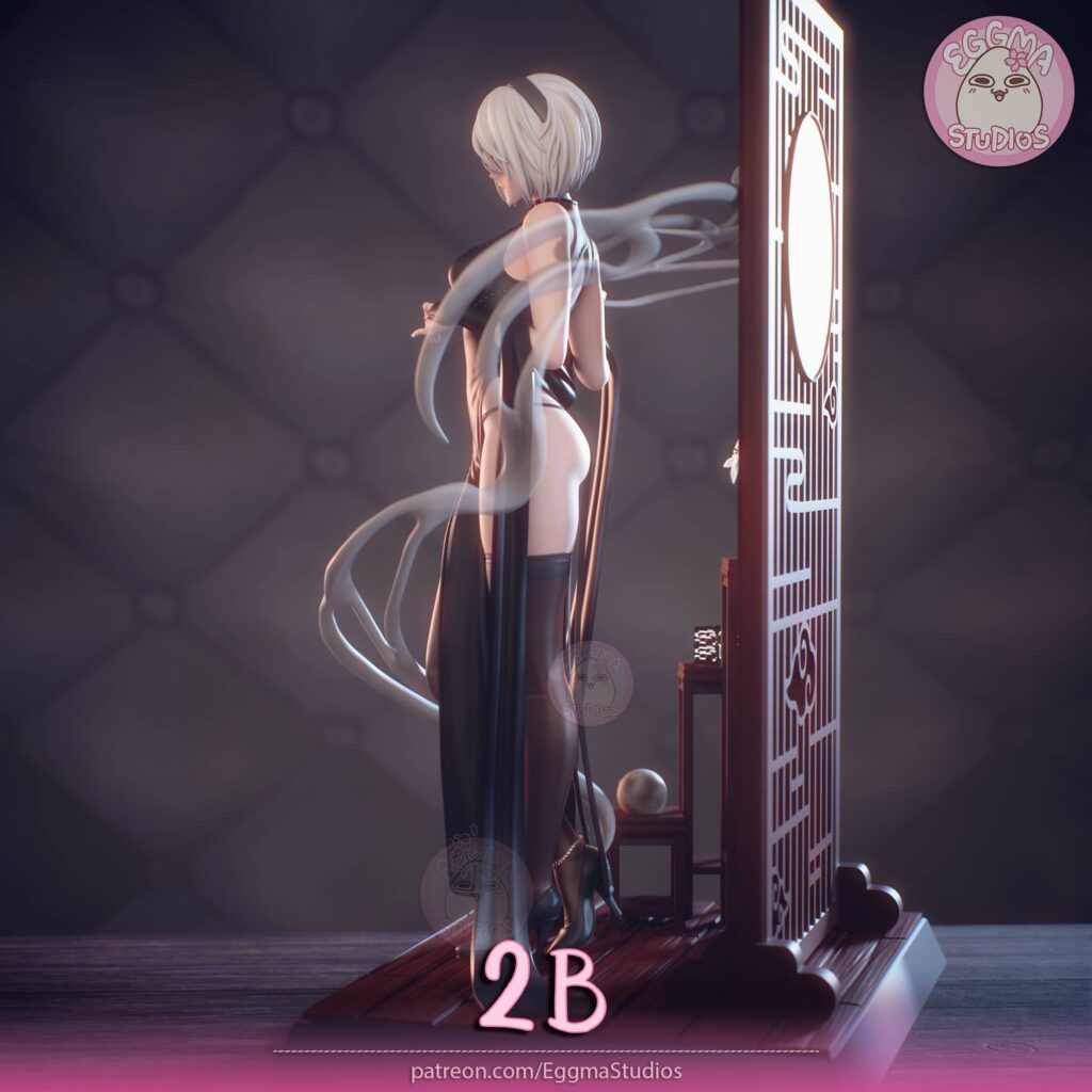 3D модель Qipao 2B вид слева - развевающиеся волосы и платье
