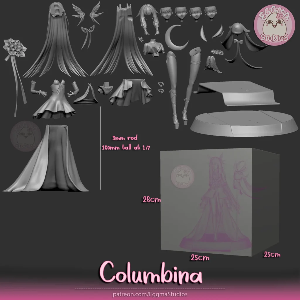 Нарезка деталей 3D модели Columbina от EggmaStudios для 3D печати с указанием размеров